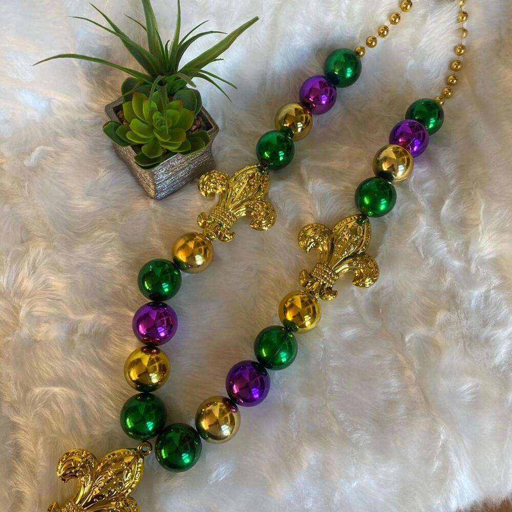 Large Mardi Gras Beaded Necklace with Gold Fleur-de-Lis Pendants